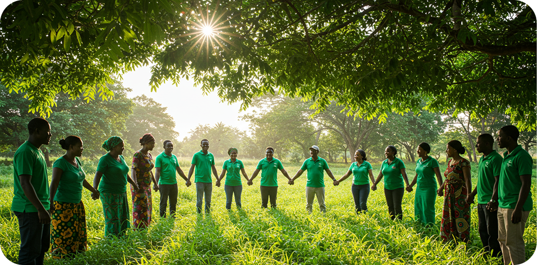 Team holding hands in a field